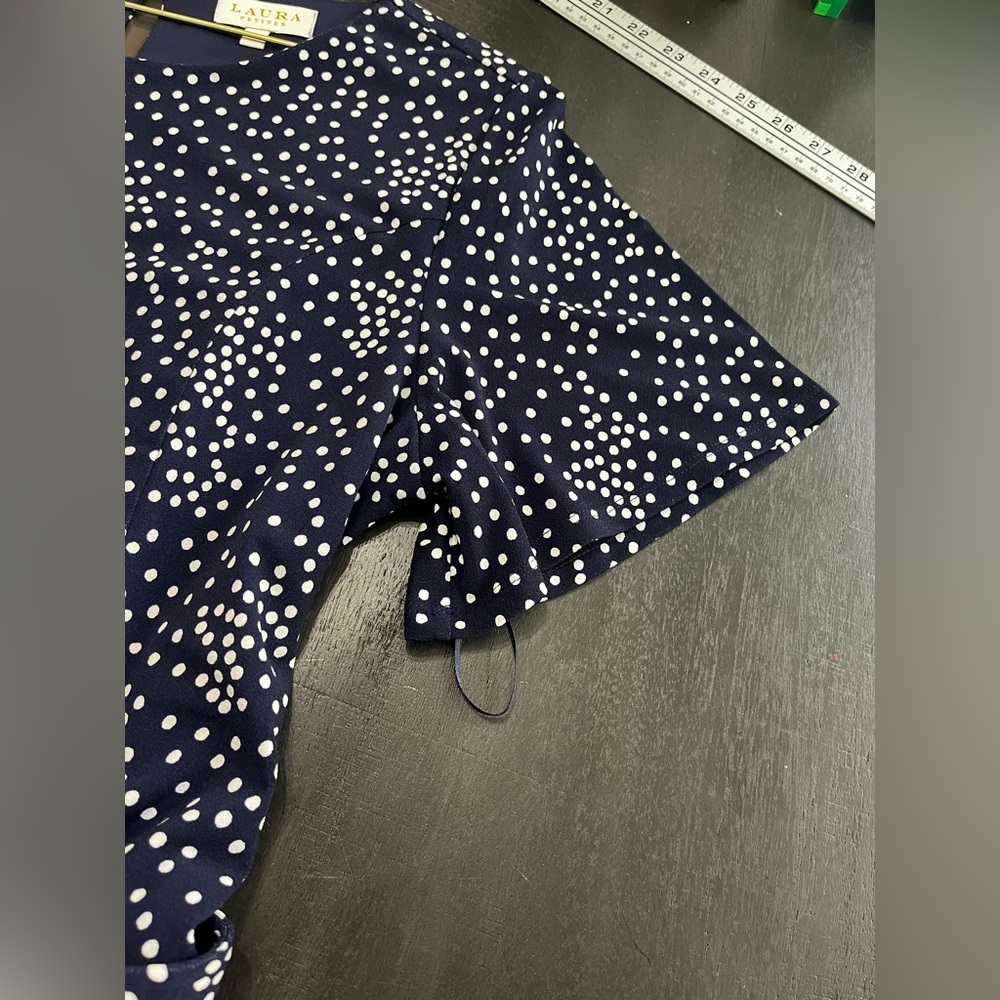 Laura Petites Navy Blue White Polka Dot Fit Flare Dress Short Sleeve Belted 8 - Picture 7 of 16